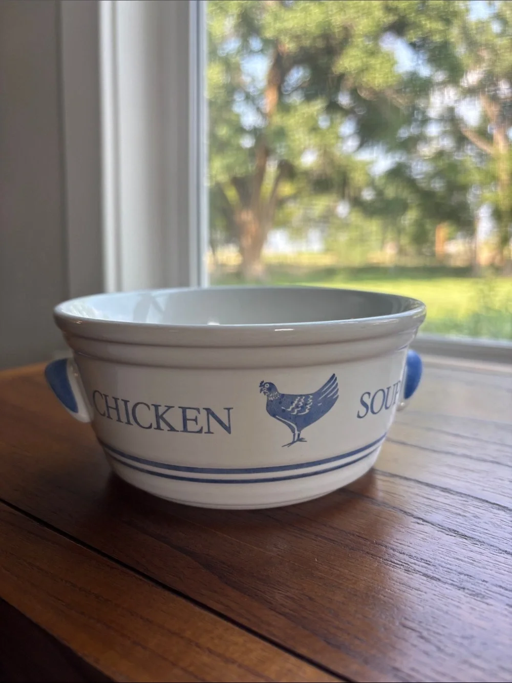 Vintage 1985 Chicken Soup Bowl 6” Blue & White Ceramic